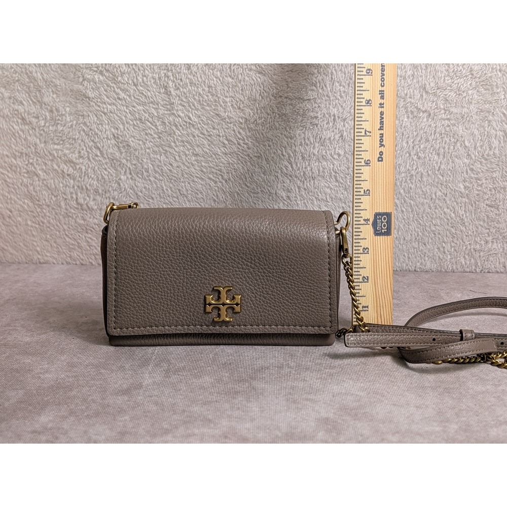 Tory Burch Britten Pebbled Leather Wallet on Chain Crossbody Bag Taupe Grey Gold
